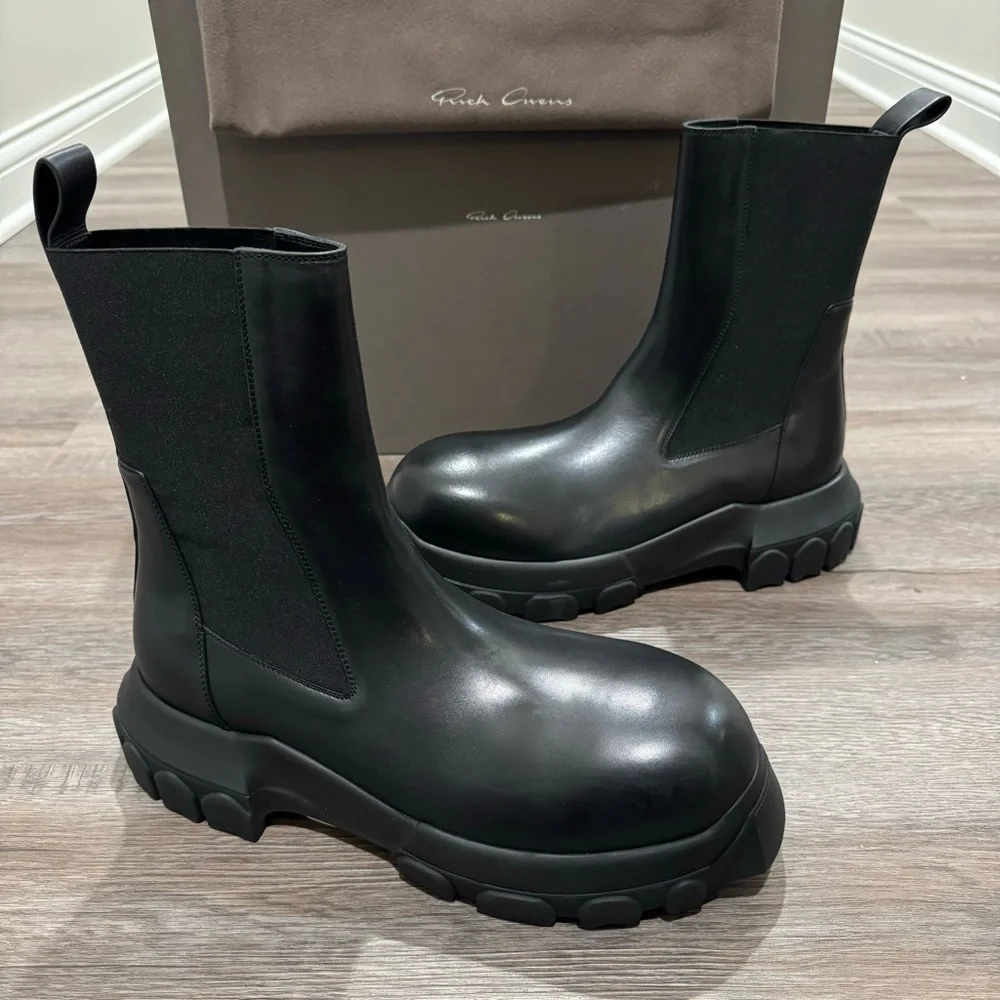 Rick Owens Beatle Bozo Tractor Black Leather Chelsea Platform Boots